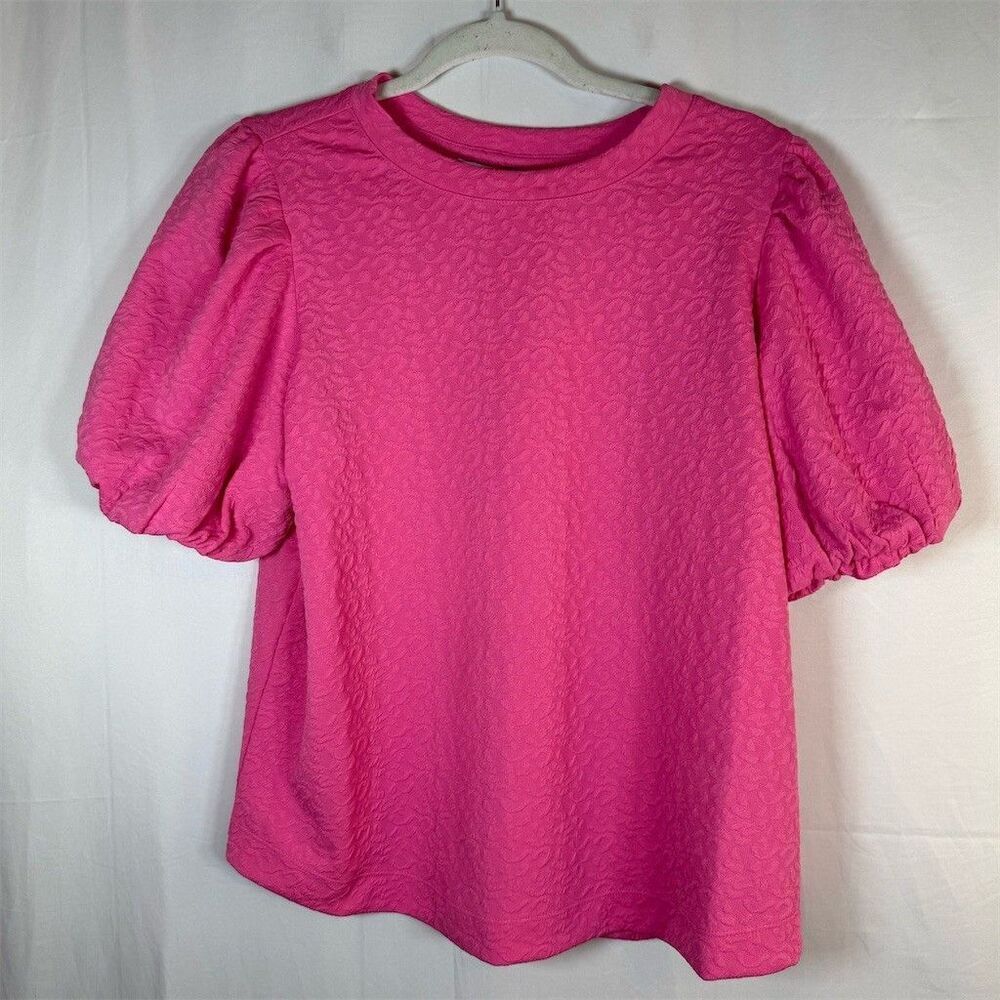 Crown & Ivy Blouse Womens Size PL Hot Pink Textured Puff Sleeve Pullover Top